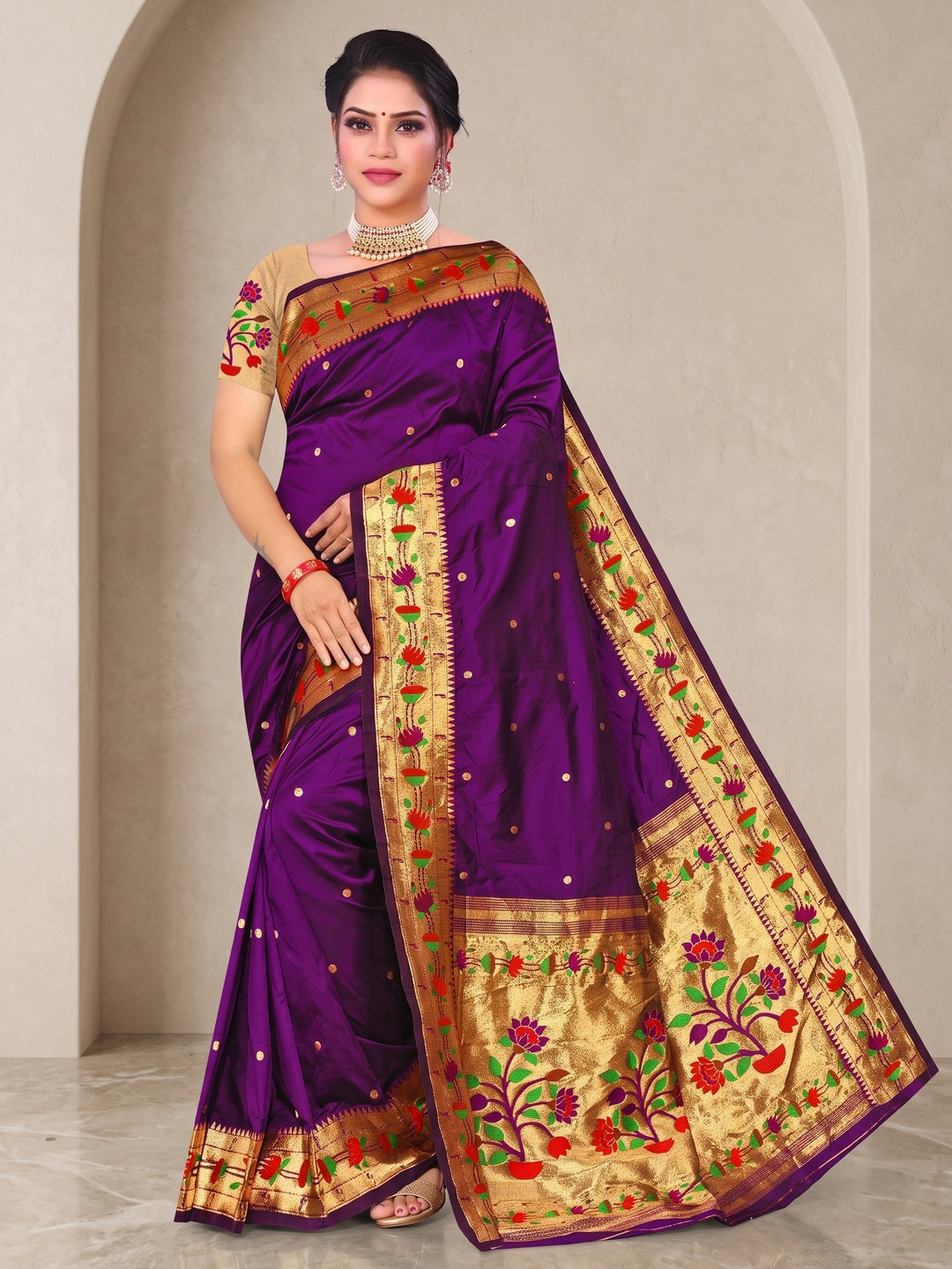 Peachmode Deep Purple Pure Silk Floral Pot Woven Saree - Image 1