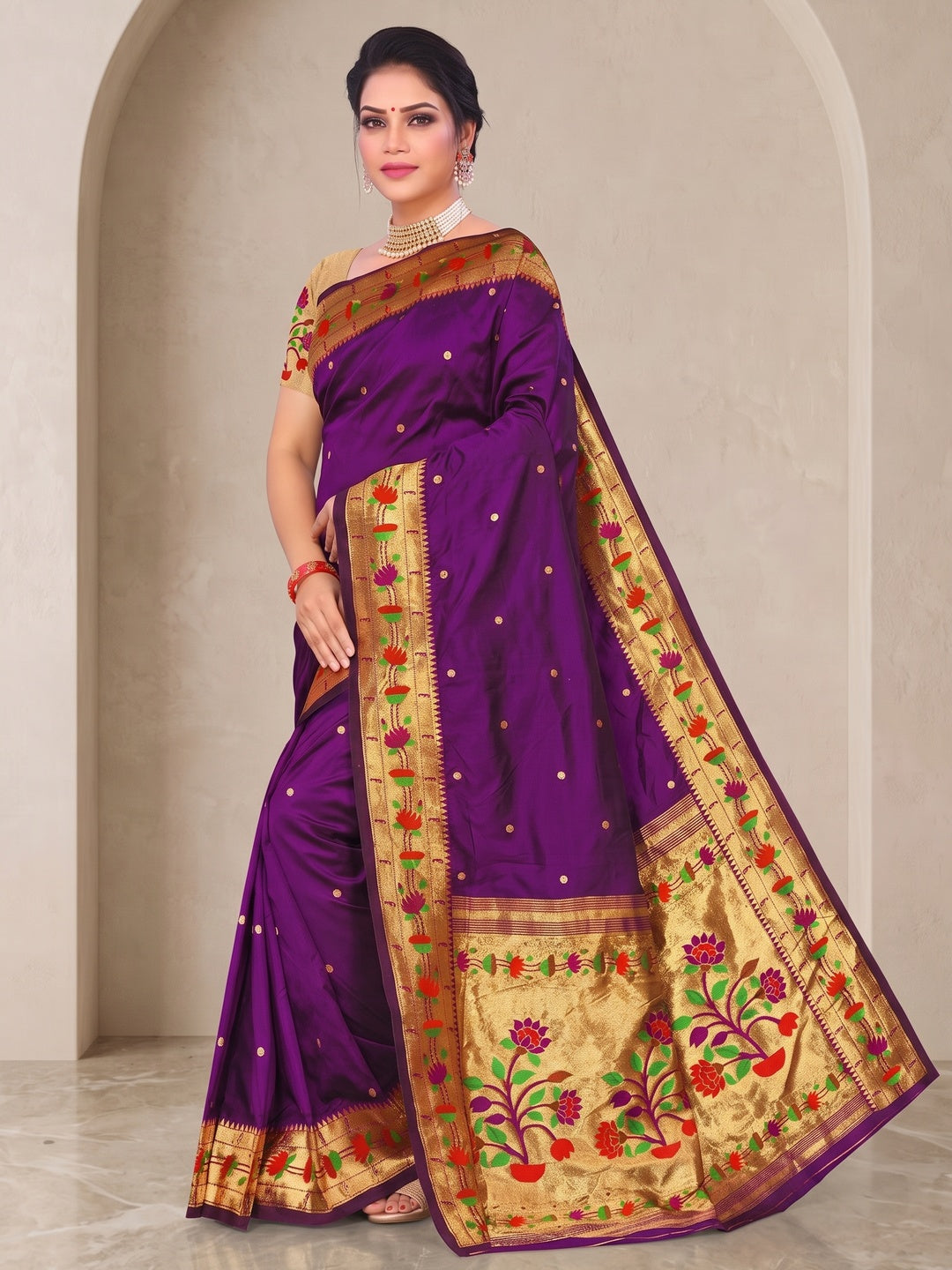 Peachmode Deep Purple Pure Silk Floral Pot Woven Saree - Image 3