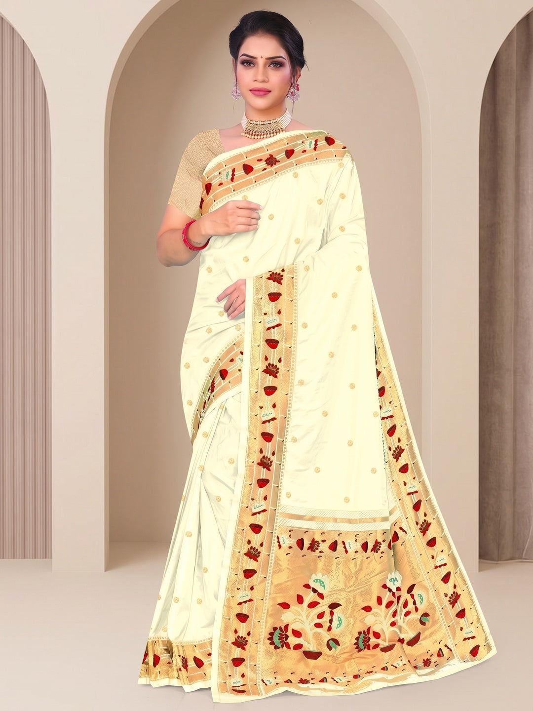 Peachmode Cream Pure Silk Floral Pot Woven Saree - Image 2