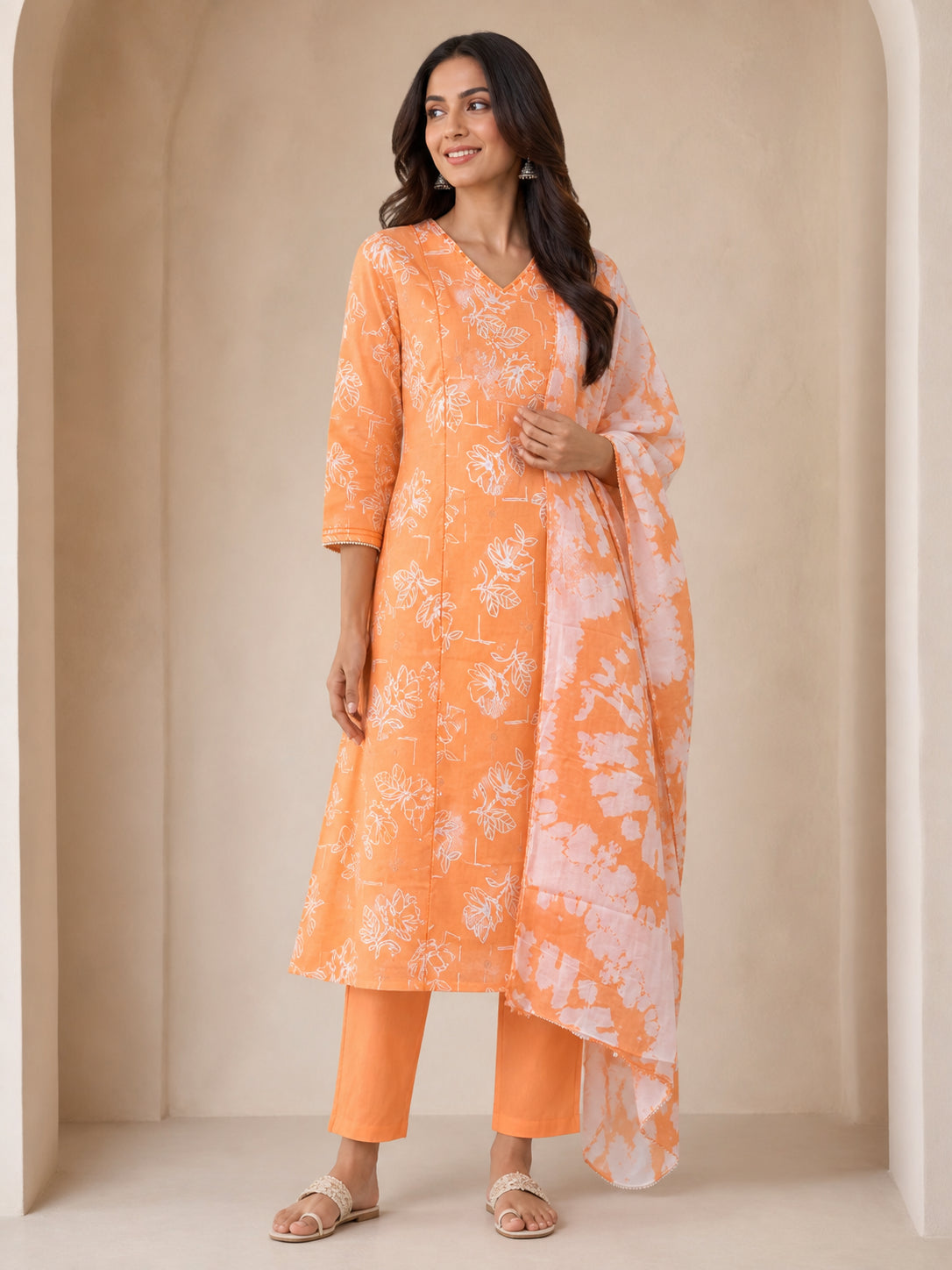 Peachmode Peach Pure Cotton Floral Printed Salwar Suit - Image 1
