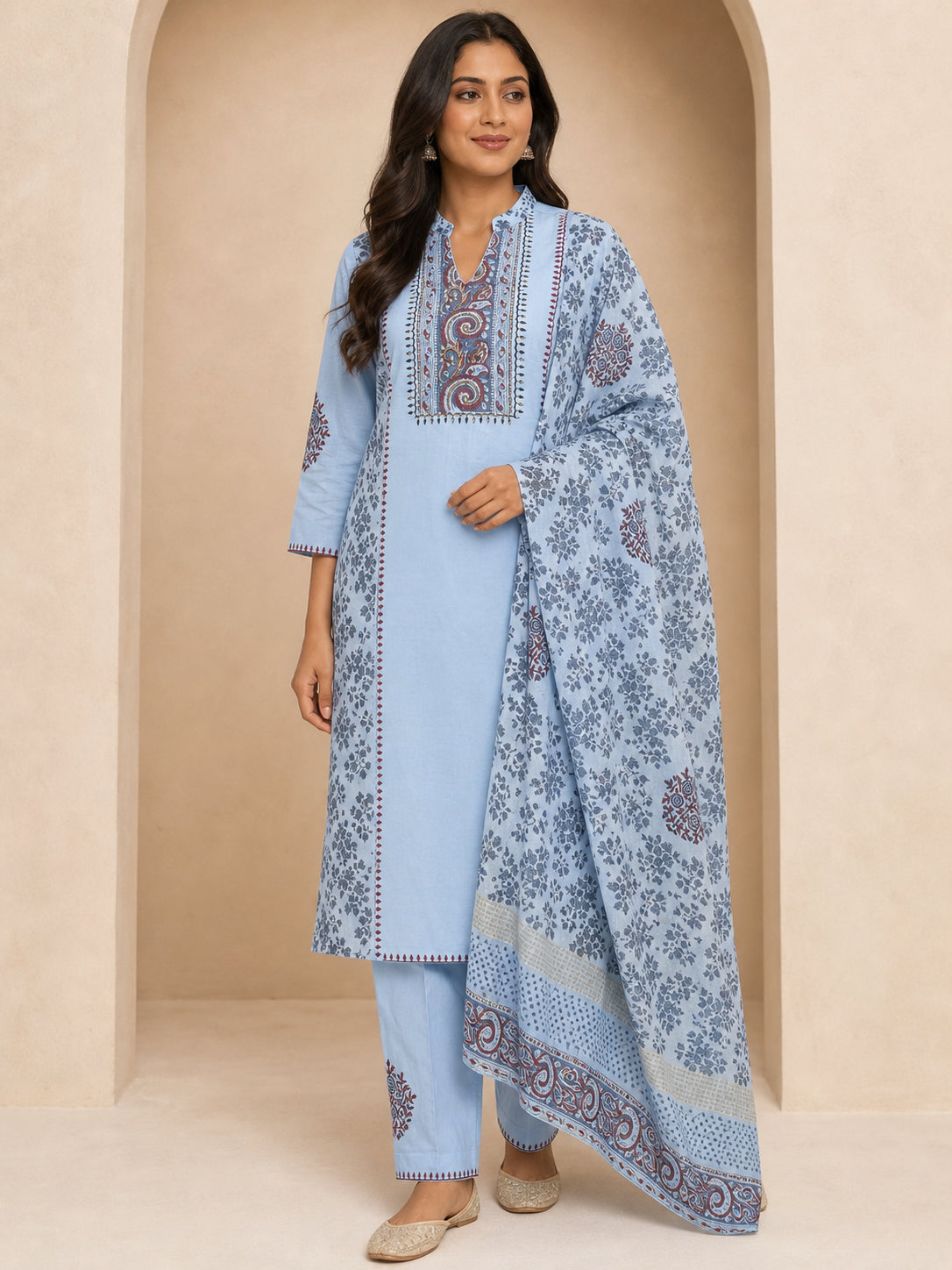 Peachmode Sky Blue Pure Cotton Paisley Embroidered Salwar Suit - Image 1