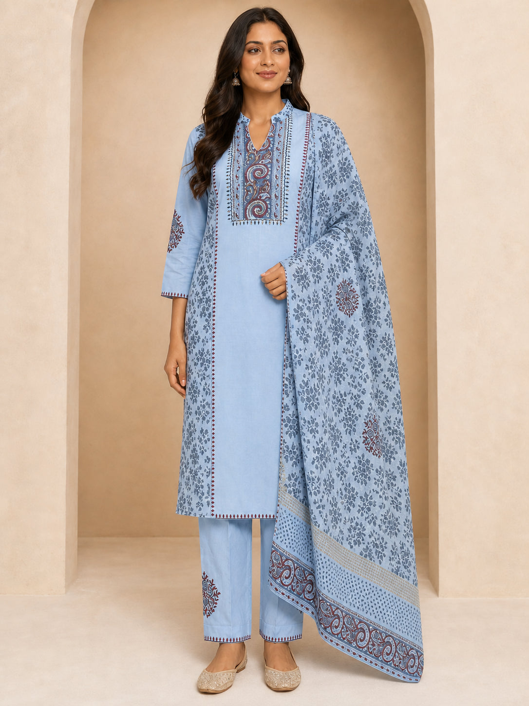 Peachmode Sky Blue Pure Cotton Paisley Embroidered Salwar Suit - Image 2