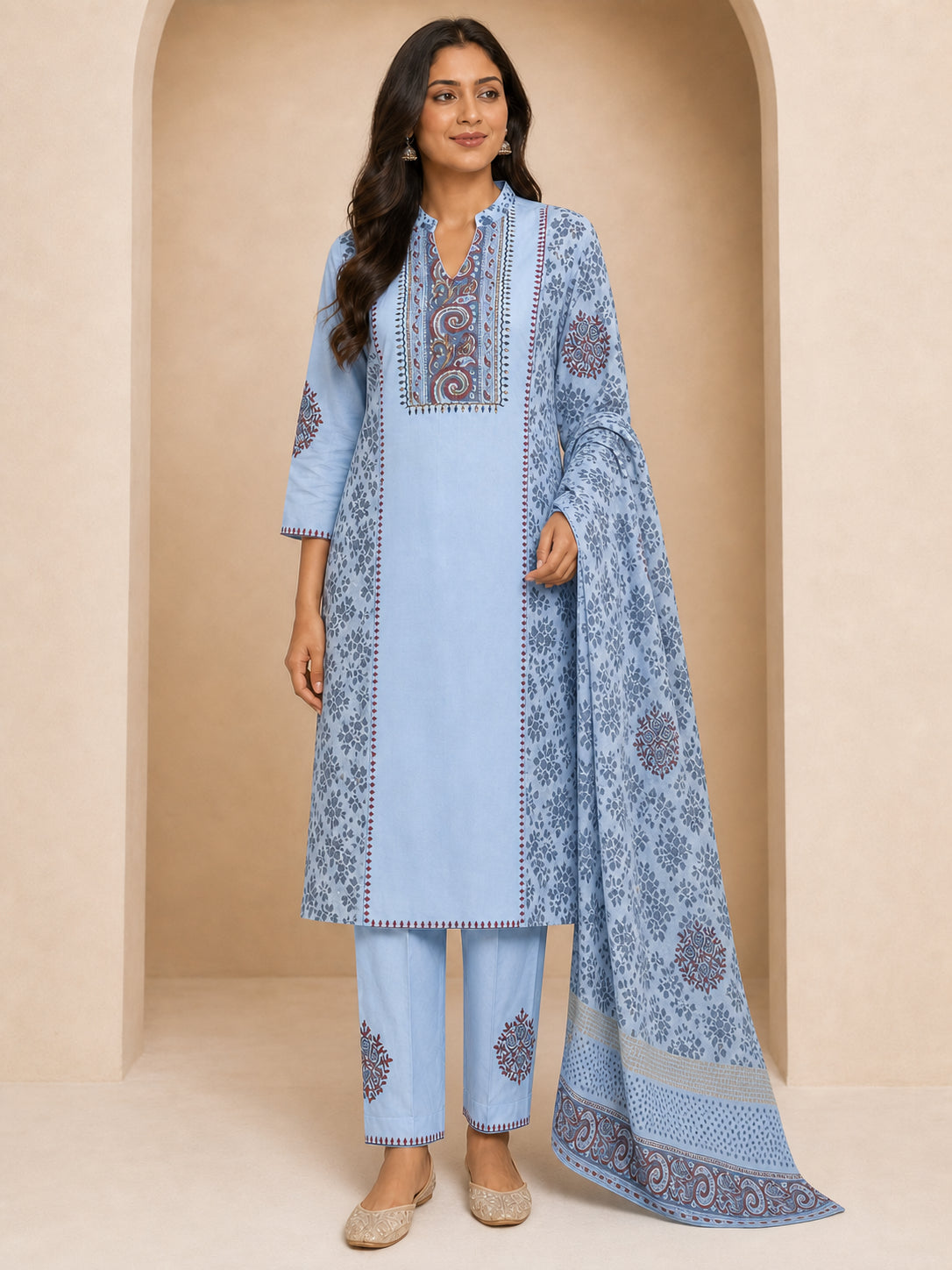 Peachmode Sky Blue Pure Cotton Paisley Embroidered Salwar Suit - Image 5