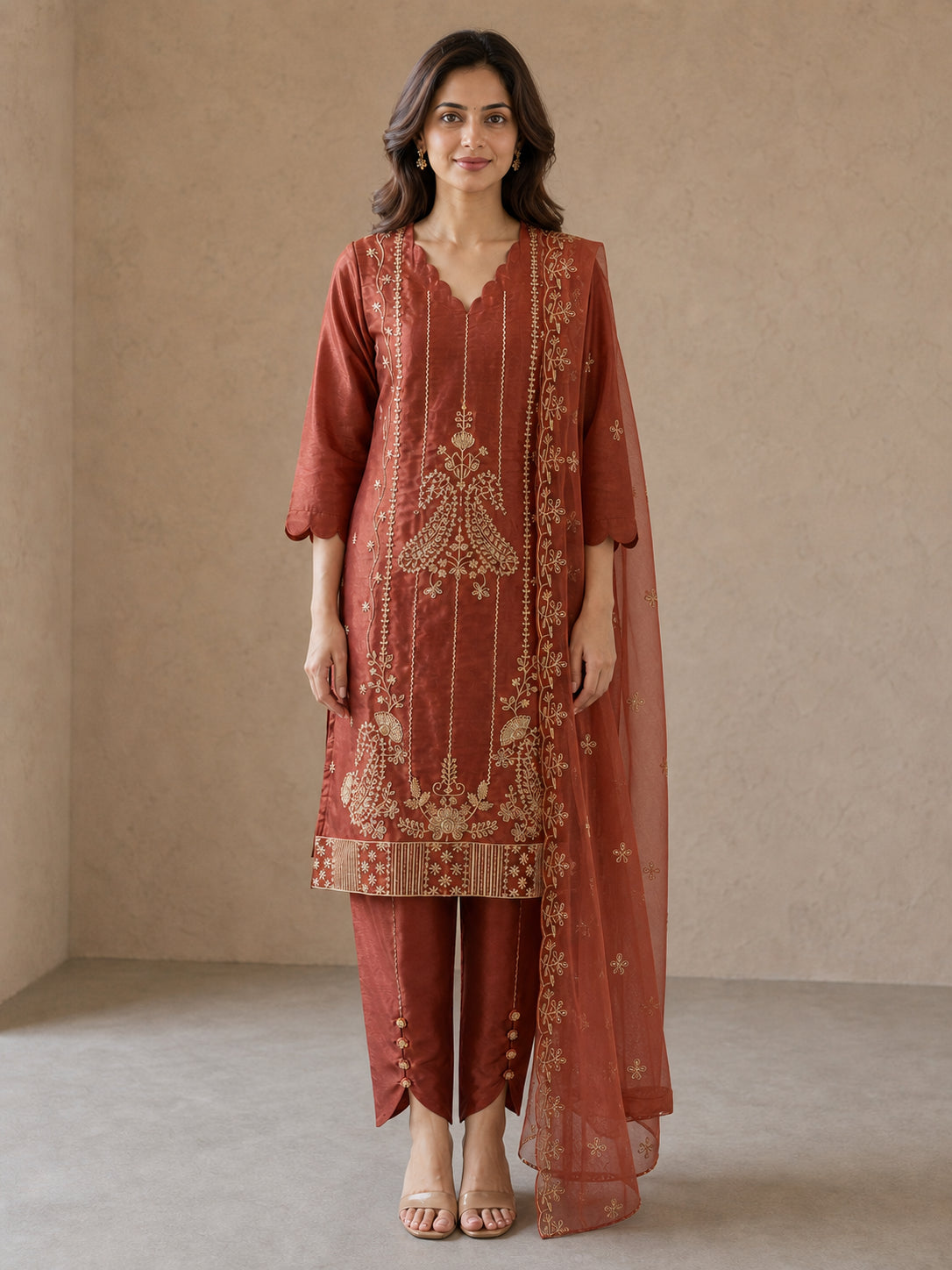 Peachmode Rust Shimmer Peacock Embroidered Salwar Suit - Image 2
