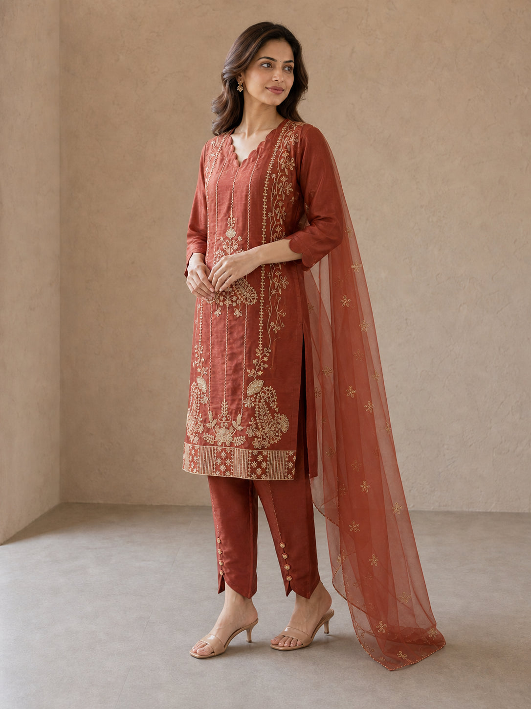 Peachmode Rust Shimmer Peacock Embroidered Salwar Suit - Image 3