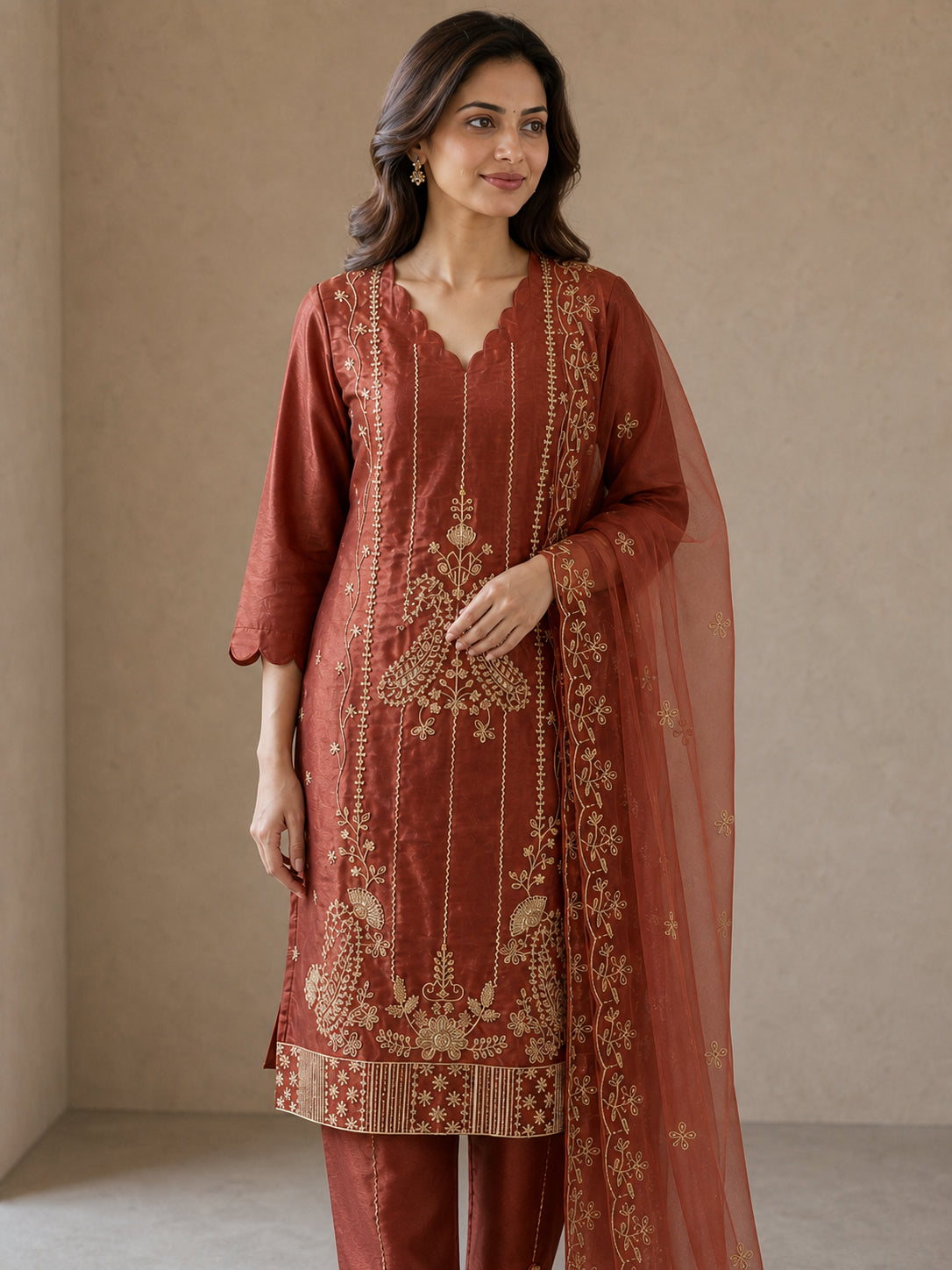 Peachmode Rust Shimmer Peacock Embroidered Salwar Suit - Image 5