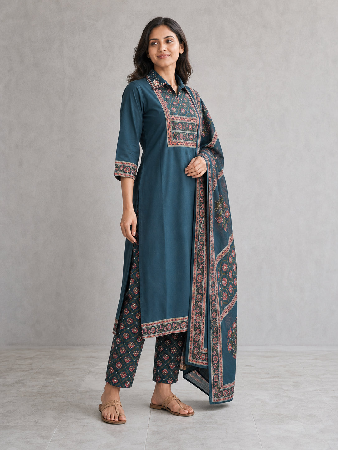 Peachmode Teal Pure Cotton Floral Yoke Embellished Salwar Suit - Image 3