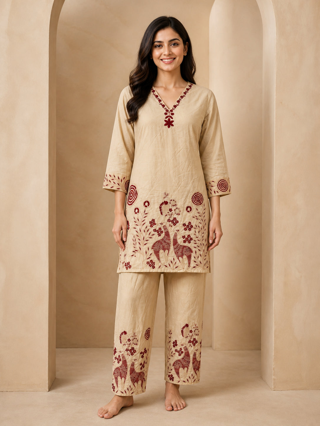 Peachmode Beige Chanderi Silk Embroidered Top Bottom Set with Inner - Image 1