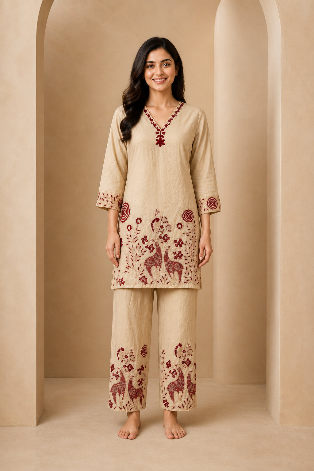 Peachmode Beige Chanderi Silk Embroidered Top Bottom Set with Inner - Image 2
