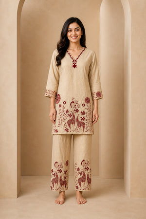 Peachmode Beige Chanderi Silk Embroidered Top Bottom Set with Inner - Image 2