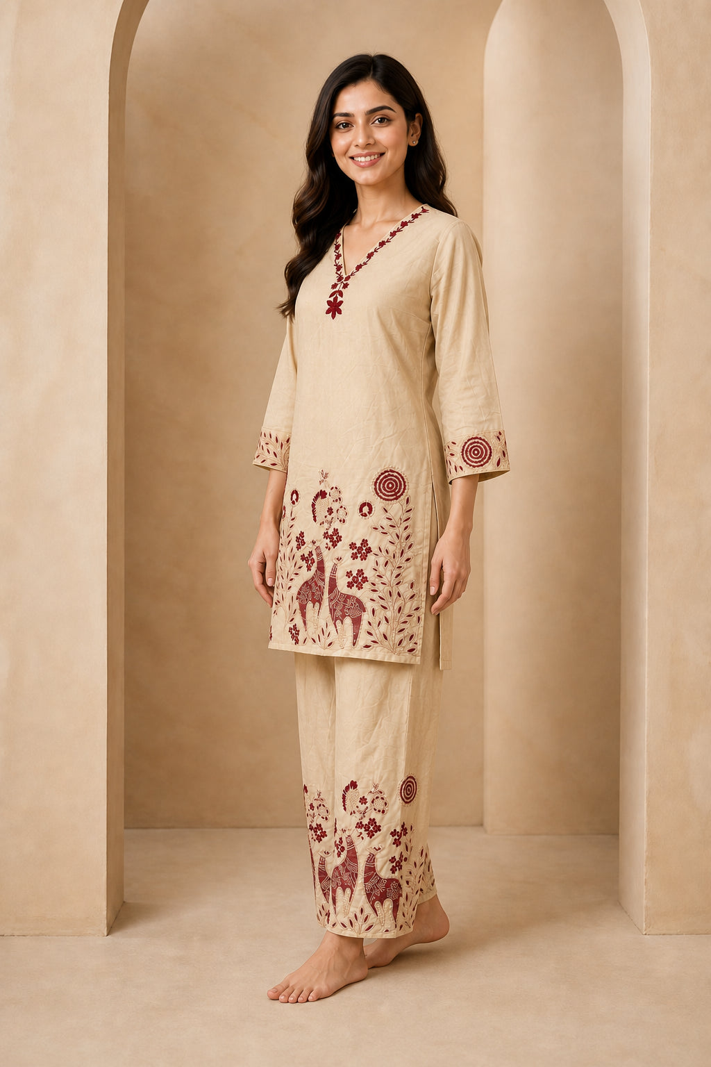 Peachmode Beige Chanderi Silk Embroidered Top Bottom Set with Inner - Image 3