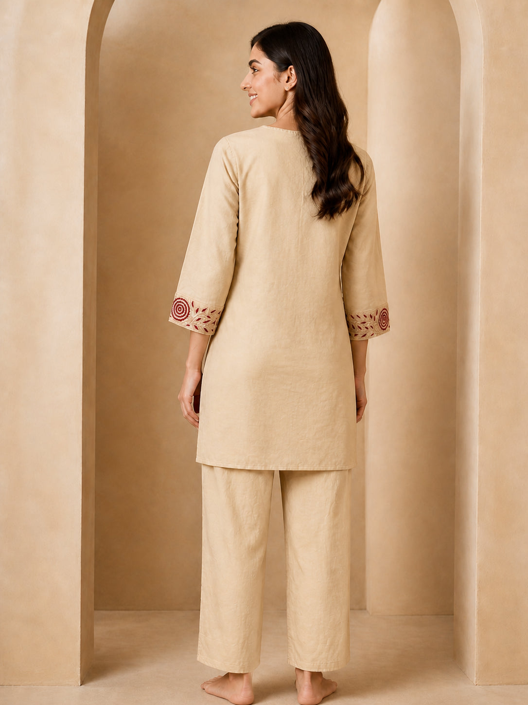 Peachmode Beige Chanderi Silk Embroidered Top Bottom Set with Inner - Image 4