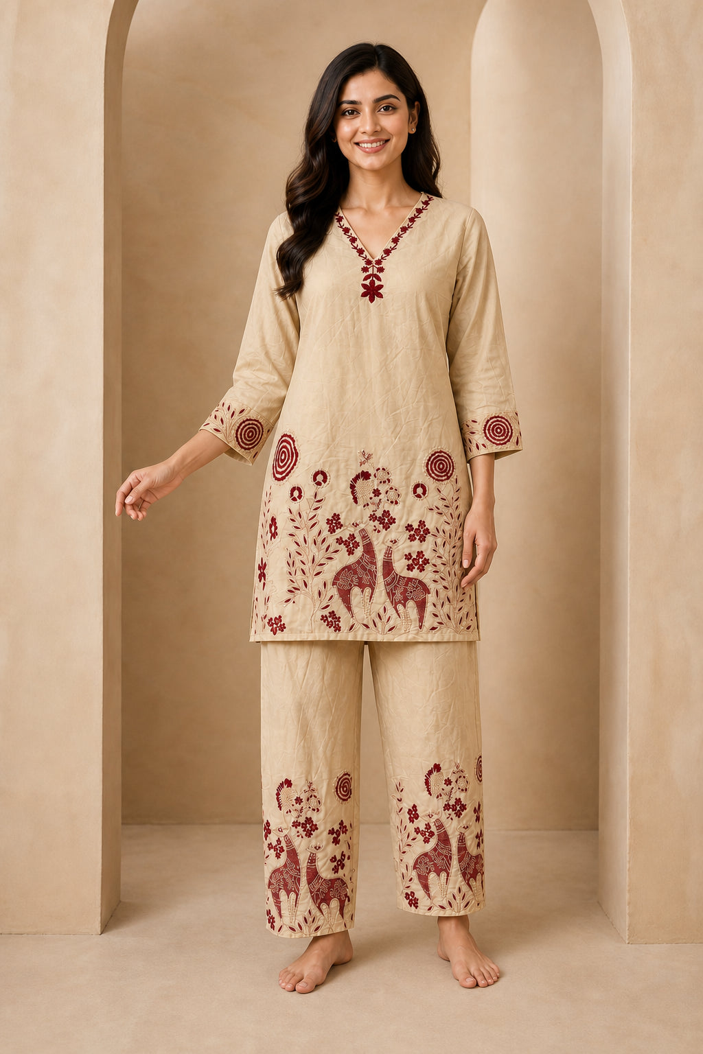 Peachmode Beige Chanderi Silk Embroidered Top Bottom Set with Inner - Image 5