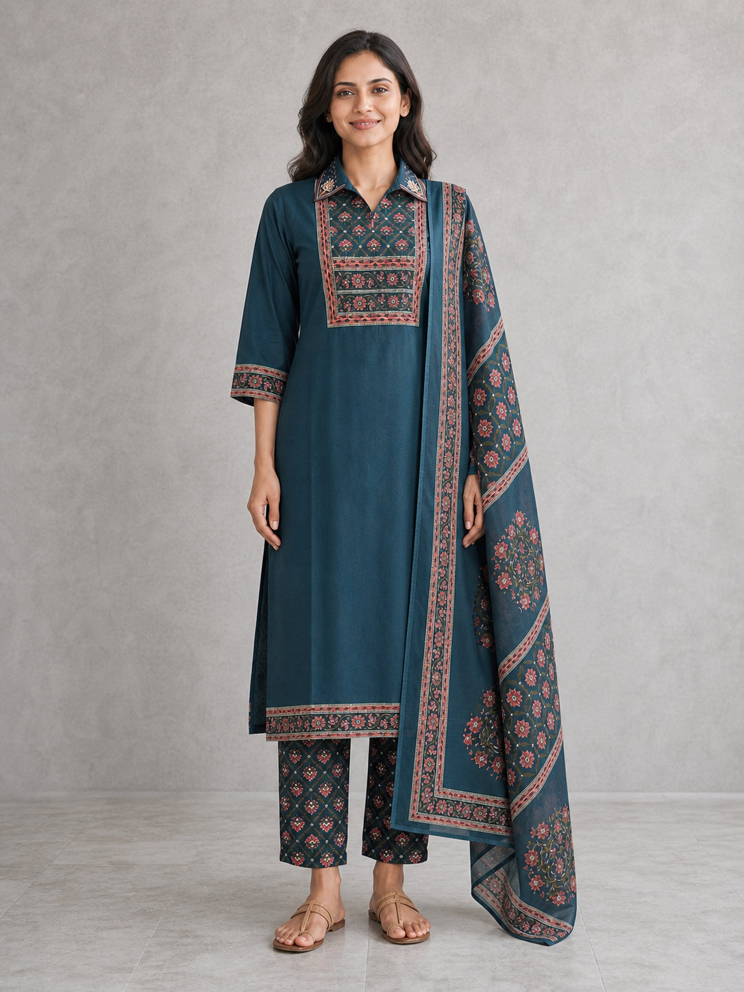 Peachmode Blue Pure Cotton Floral Yoke Embellished Salwar Suit - Image 2