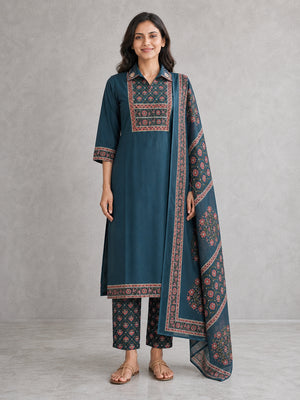Peachmode Blue Pure Cotton Floral Yoke Embellished Salwar Suit - Image 2