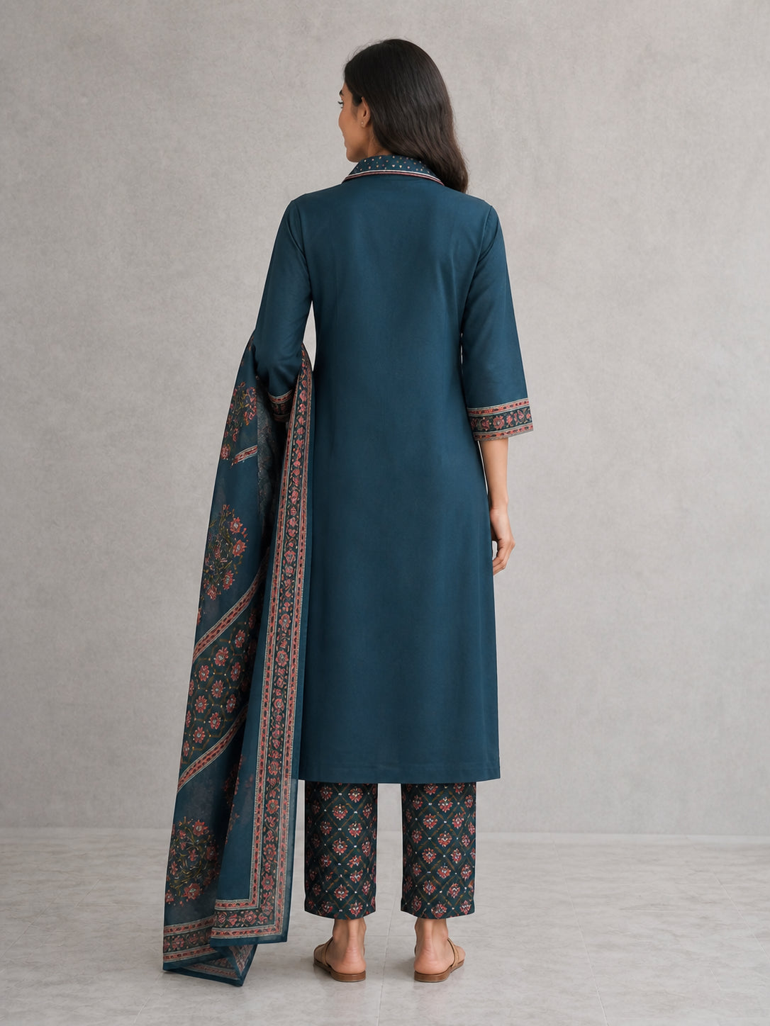 Peachmode Blue Pure Cotton Floral Yoke Embellished Salwar Suit - Image 4