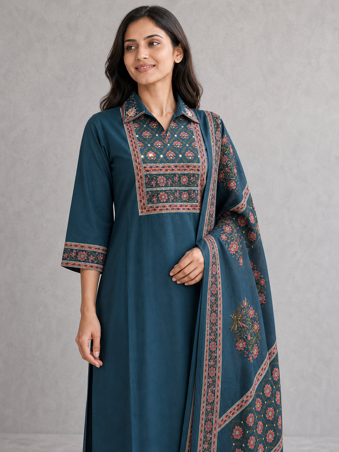 Peachmode Blue Pure Cotton Floral Yoke Embellished Salwar Suit - Image 5