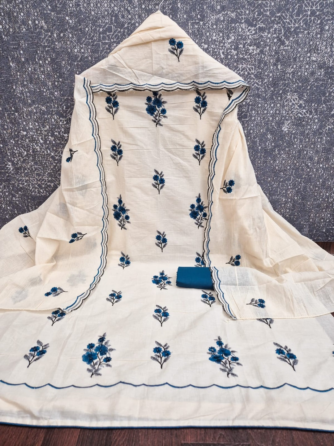 Peachmode Teal Floral Embroidered Cotton Dress Material - Image 1