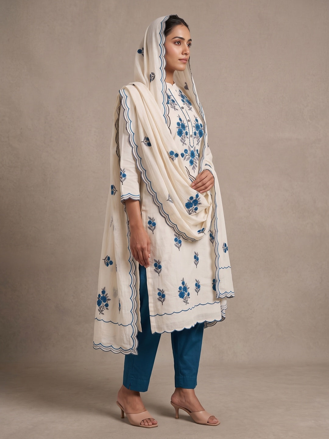 Peachmode Teal Floral Embroidered Cotton Dress Material - Image 5