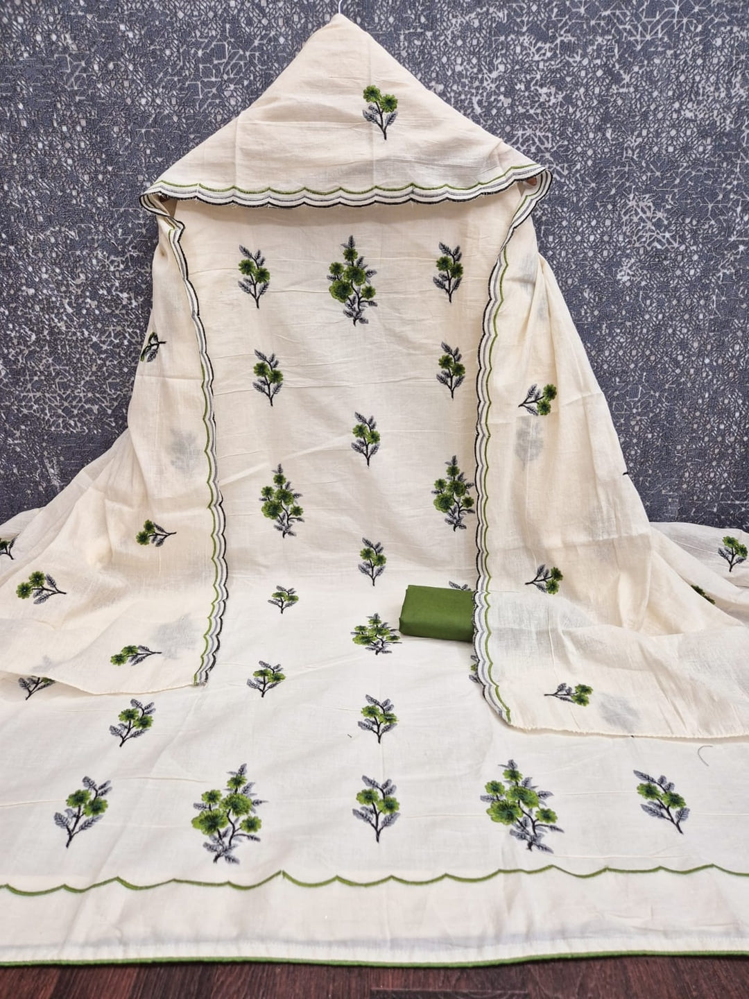 Peachmode Olive Floral Embroidered Cotton Dress Material - Image 1