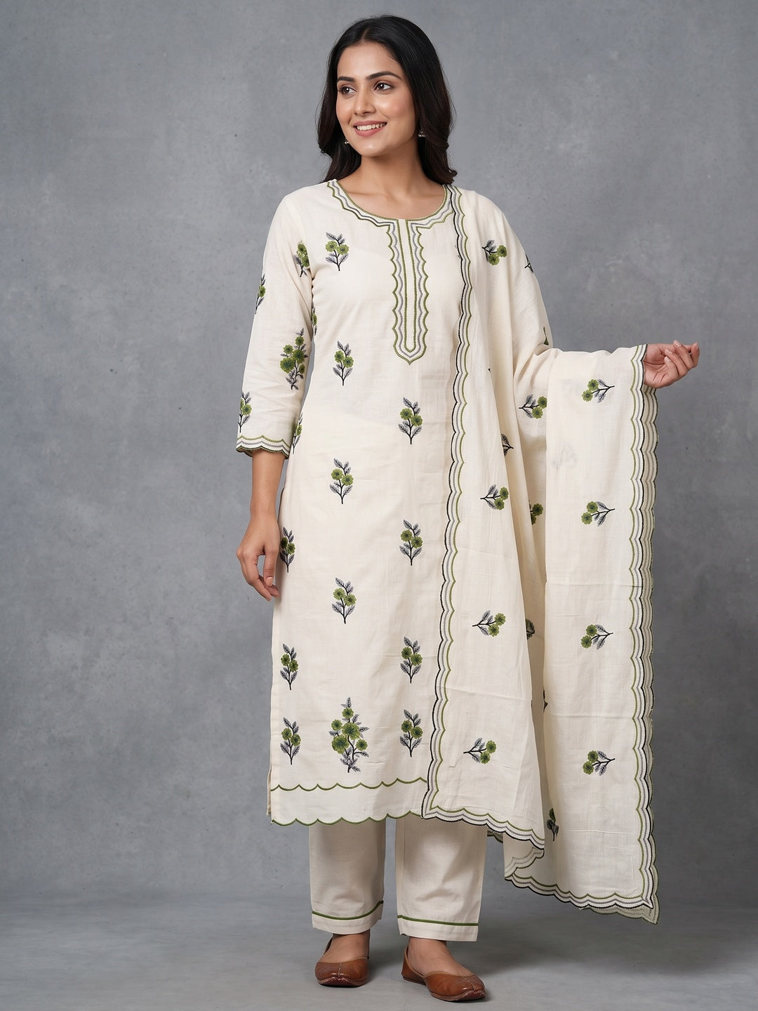 Peachmode Olive Floral Embroidered Cotton Dress Material - Image 2