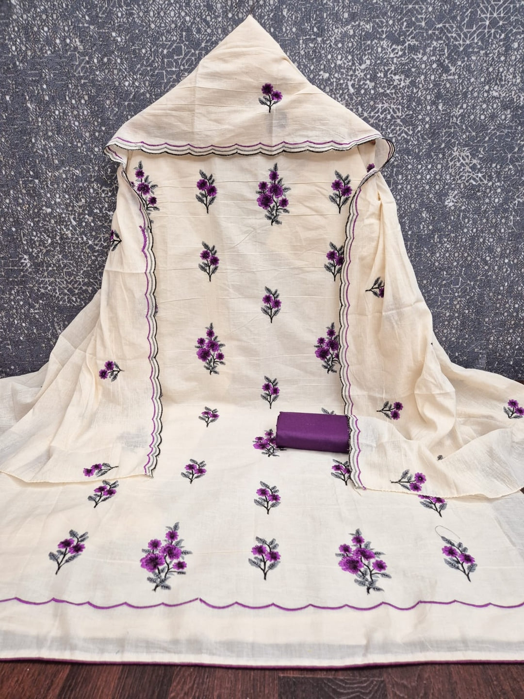 Peachmode Wine Floral Embroidered Cotton Dress Material - Image 1
