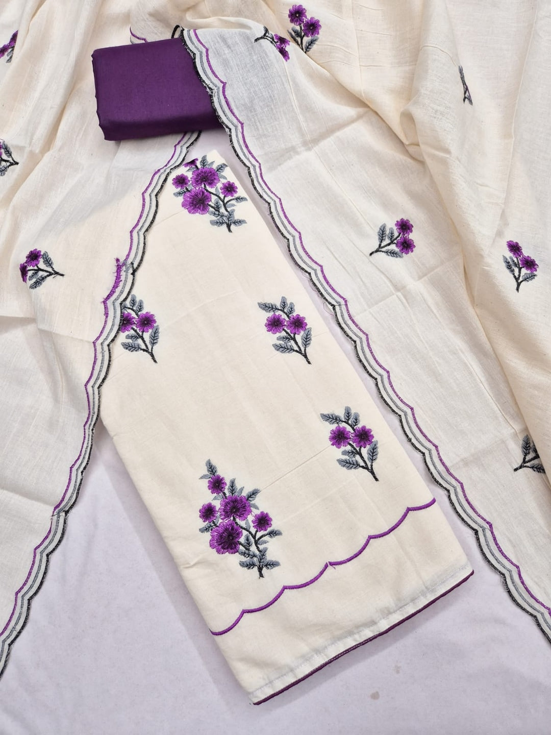Peachmode Wine Floral Embroidered Cotton Dress Material - Image 3
