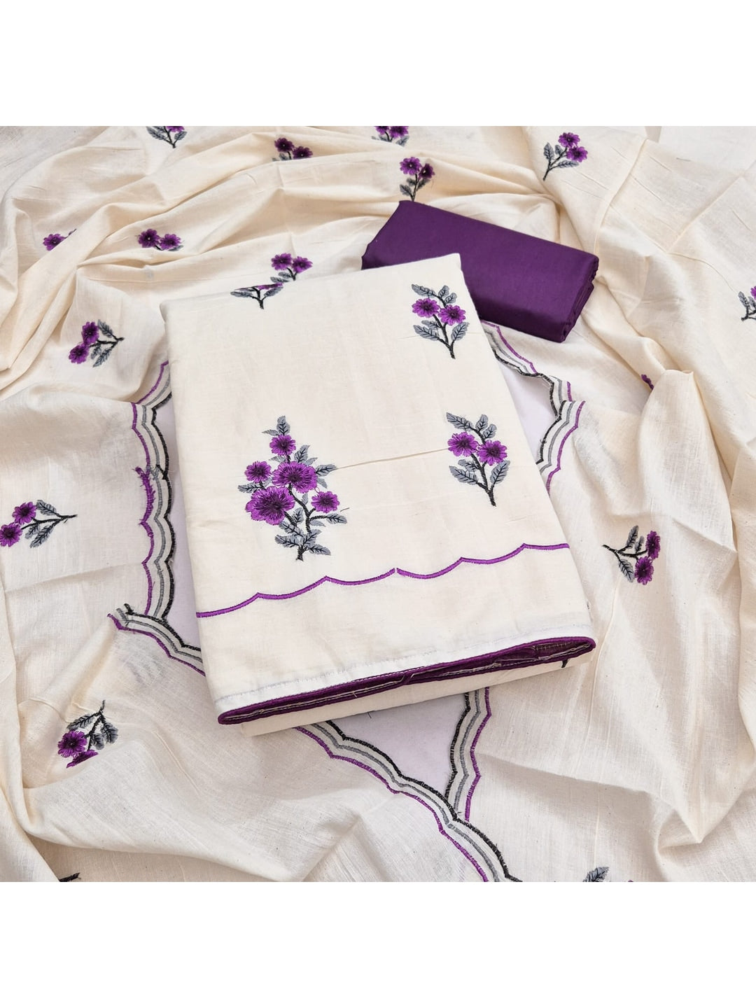 Peachmode Wine Floral Embroidered Cotton Dress Material - Image 4