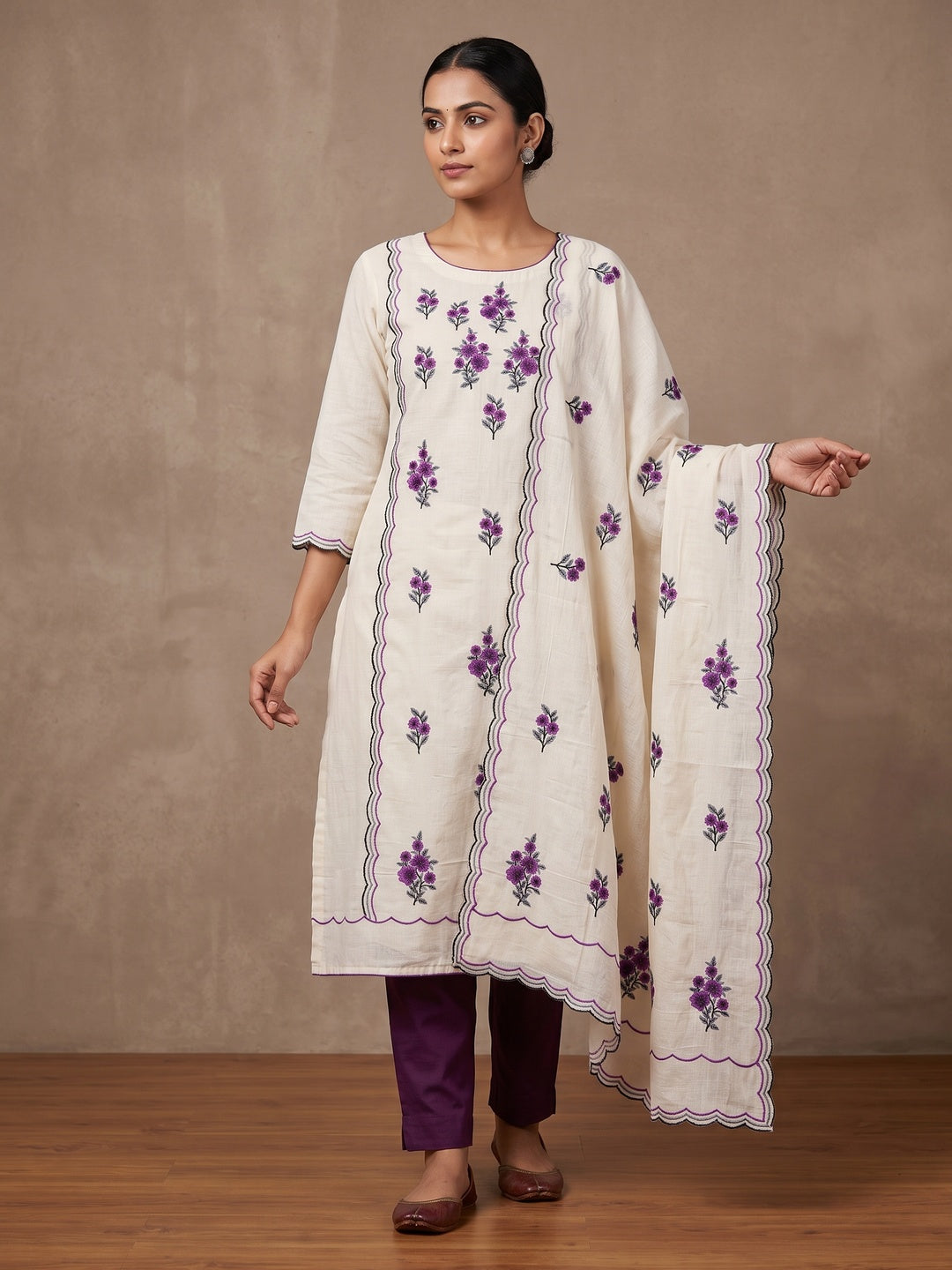 Peachmode Wine Floral Embroidered Cotton Dress Material - Image 2