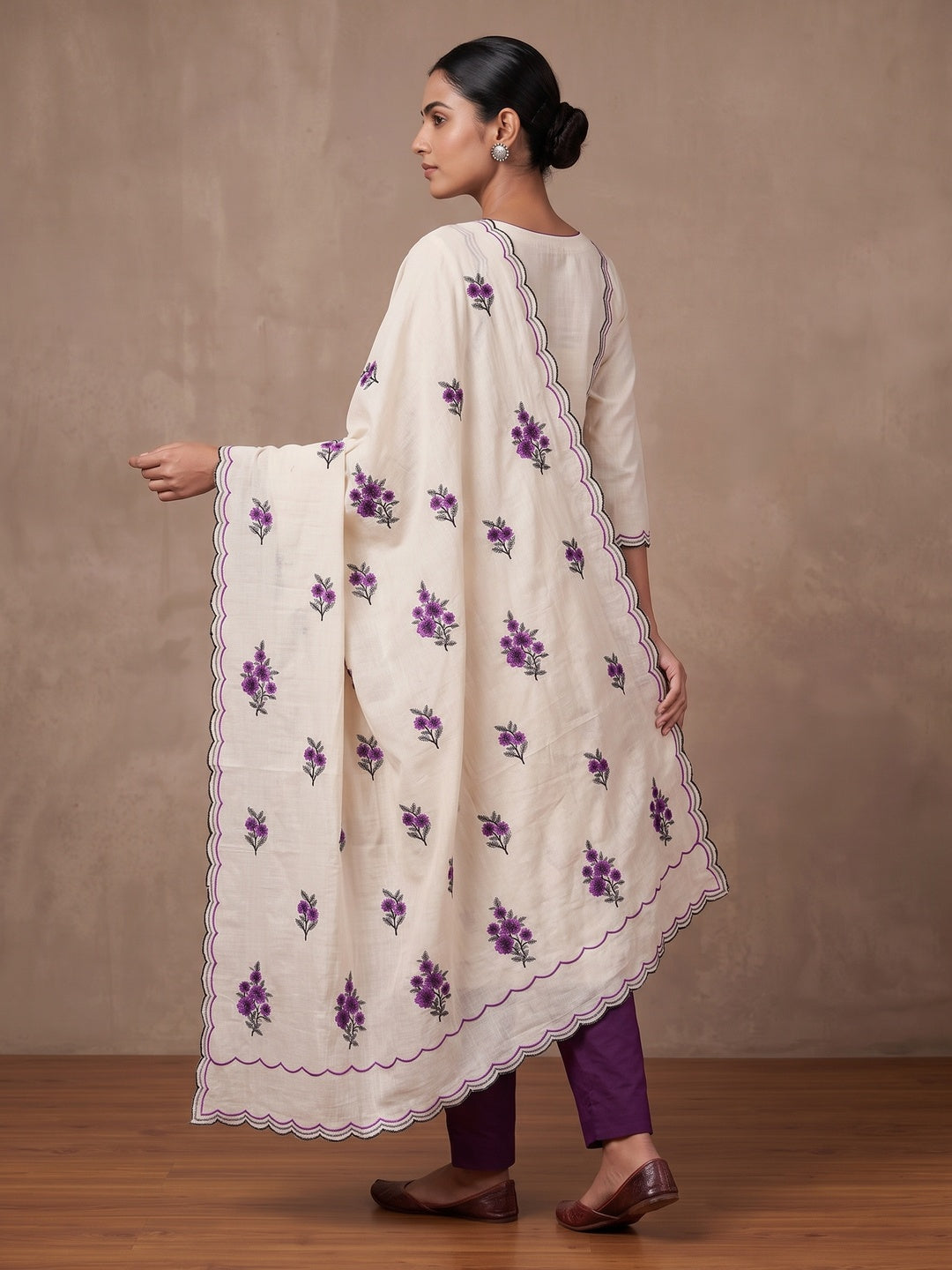 Peachmode Wine Floral Embroidered Cotton Dress Material - Image 5
