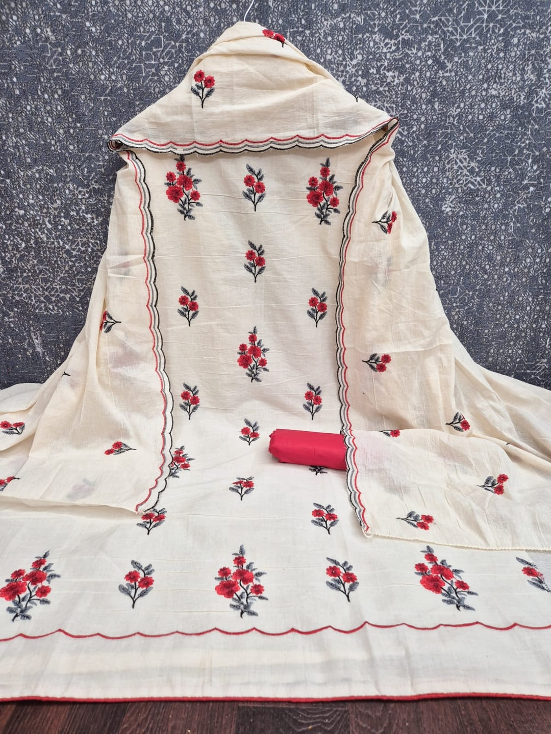 Peachmode Red Floral Embroidered Cotton Dress Material - Image 1