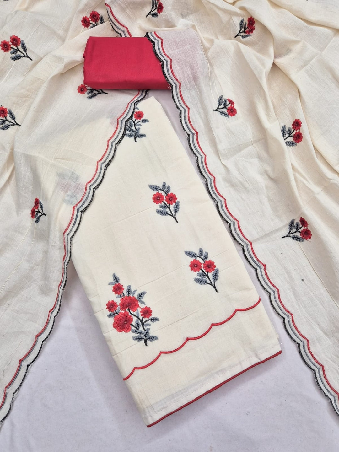 Peachmode Red Floral Embroidered Cotton Dress Material - Image 3