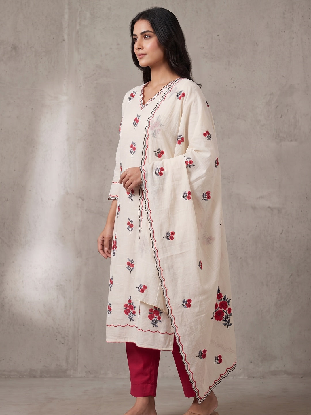 Peachmode Red Floral Embroidered Cotton Dress Material - Image 4