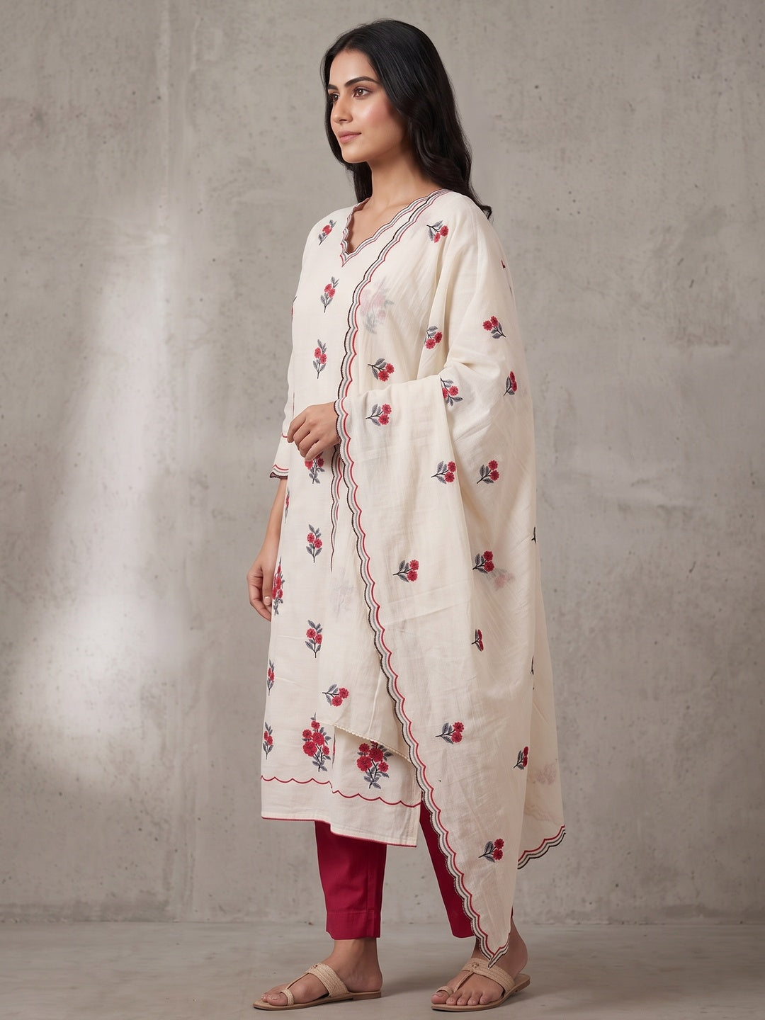 Peachmode Red Floral Embroidered Cotton Dress Material - Image 5