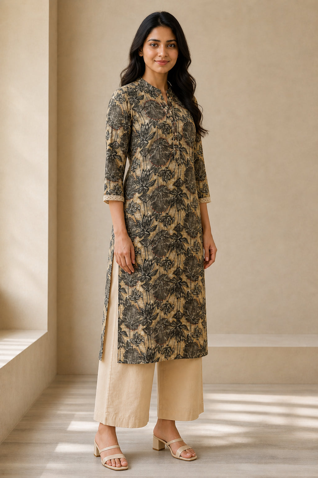 Peachmode Beige Pure Cotton Floral Embroidered Salwar Suit - Image 3