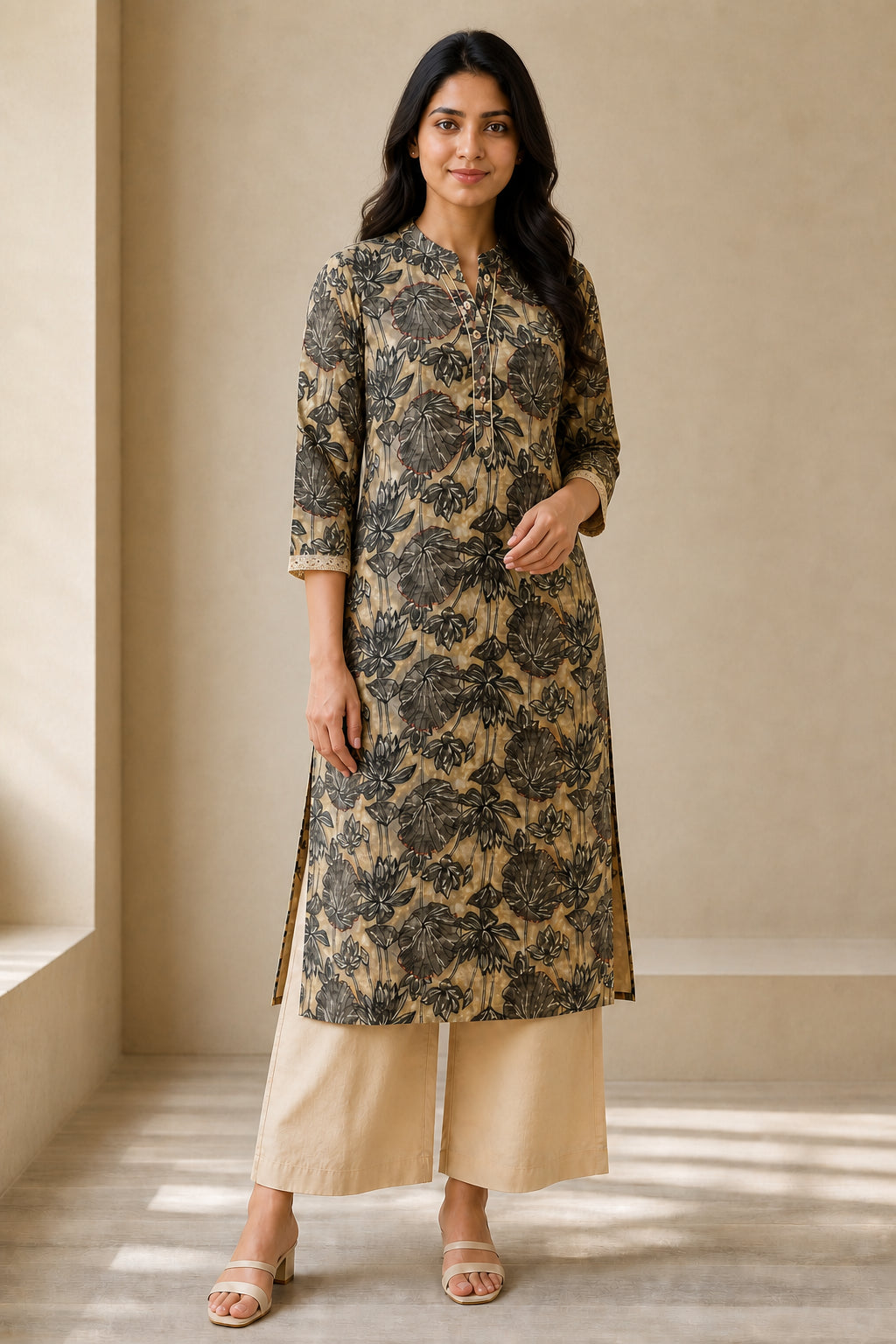 Peachmode Beige Pure Cotton Floral Embroidered Salwar Suit - Image 5