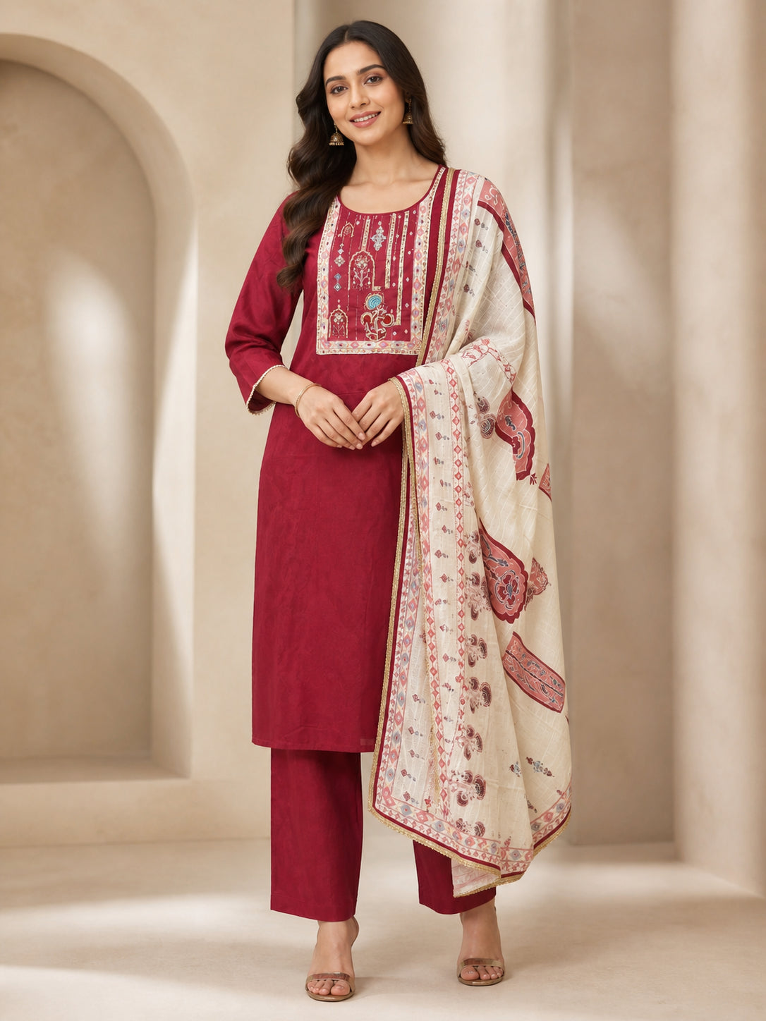 Peachmode Maroon Chanderi Silk Embroidered Salwar Suit - Image 1