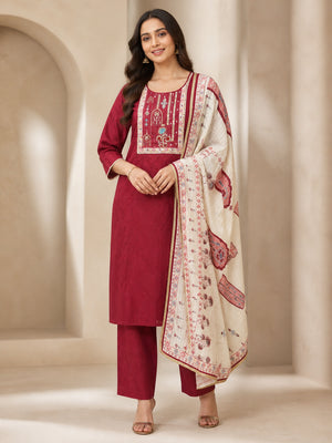 Peachmode Maroon Chanderi Silk Embroidered Salwar Suit - Image 1