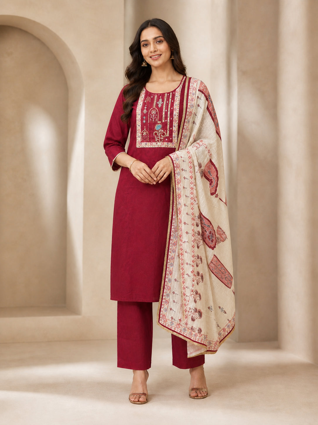 Peachmode Maroon Chanderi Silk Embroidered Salwar Suit - Image 2