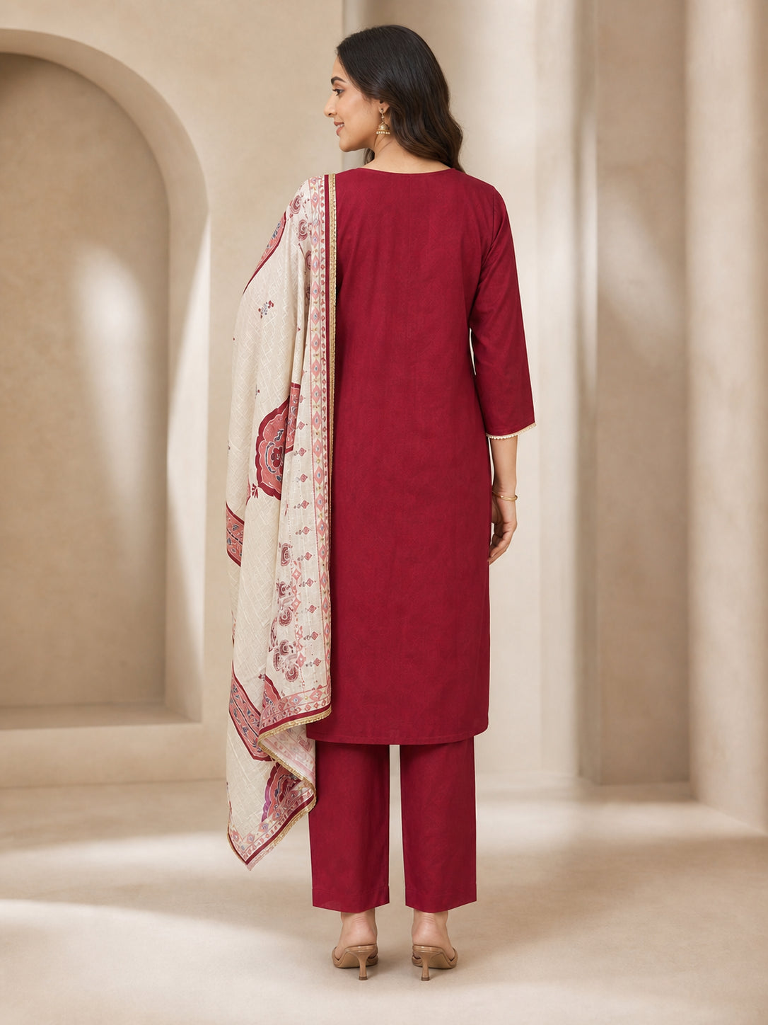 Peachmode Maroon Chanderi Silk Embroidered Salwar Suit - Image 4