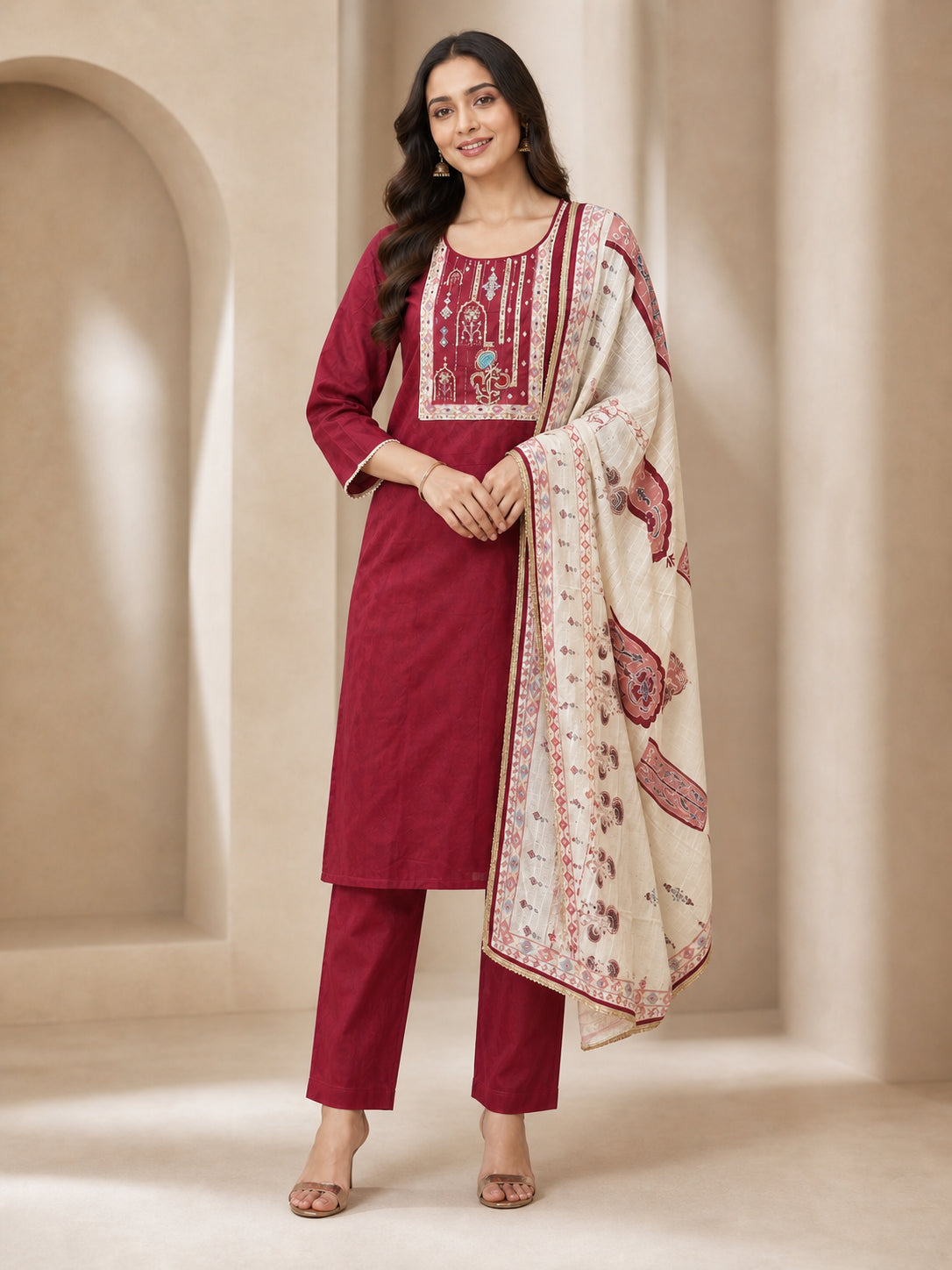 Peachmode Maroon Chanderi Silk Embroidered Salwar Suit - Image 5