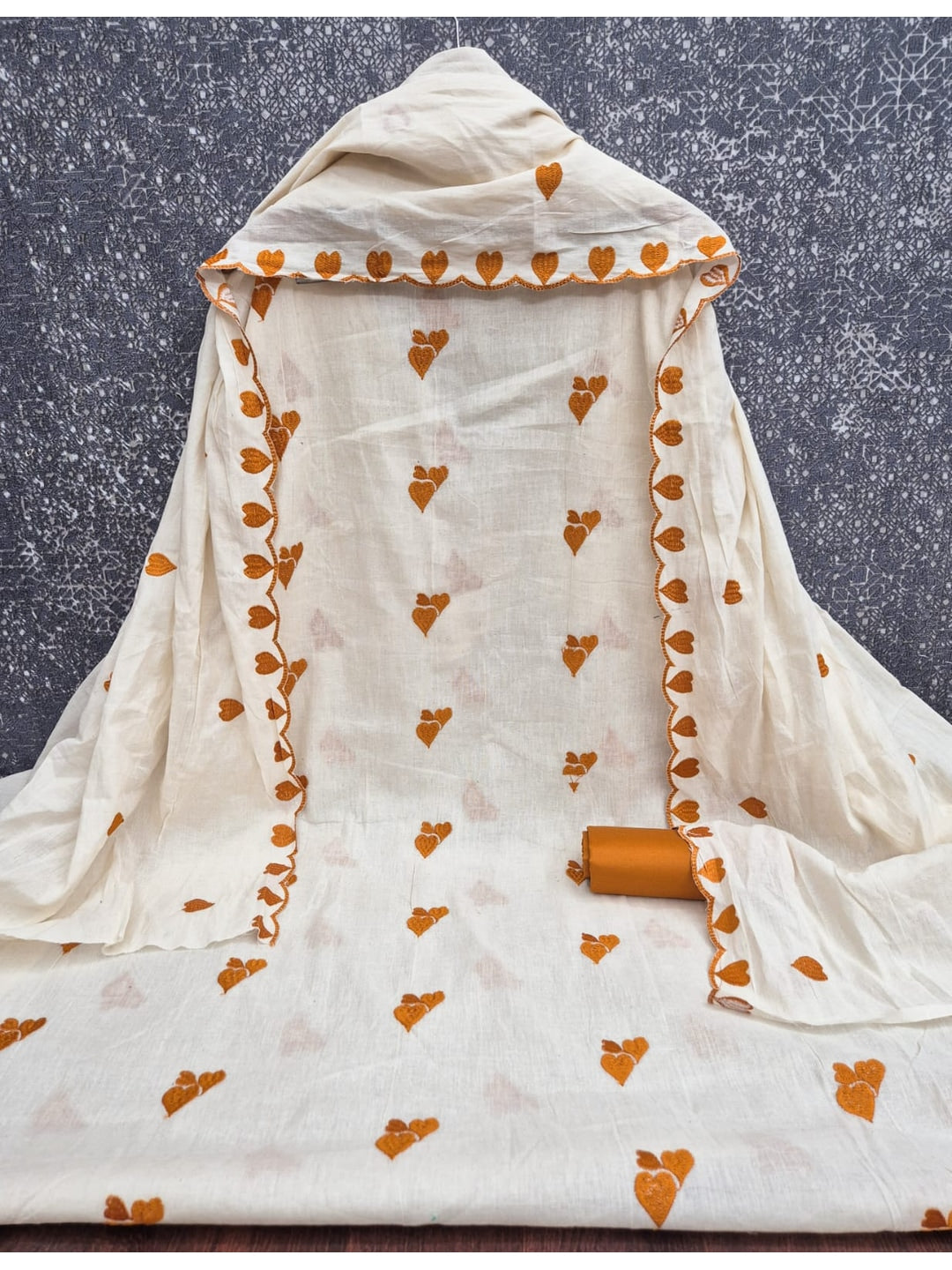 Peachmode Mustard Embroidered Cotton Dress Material - Image 5