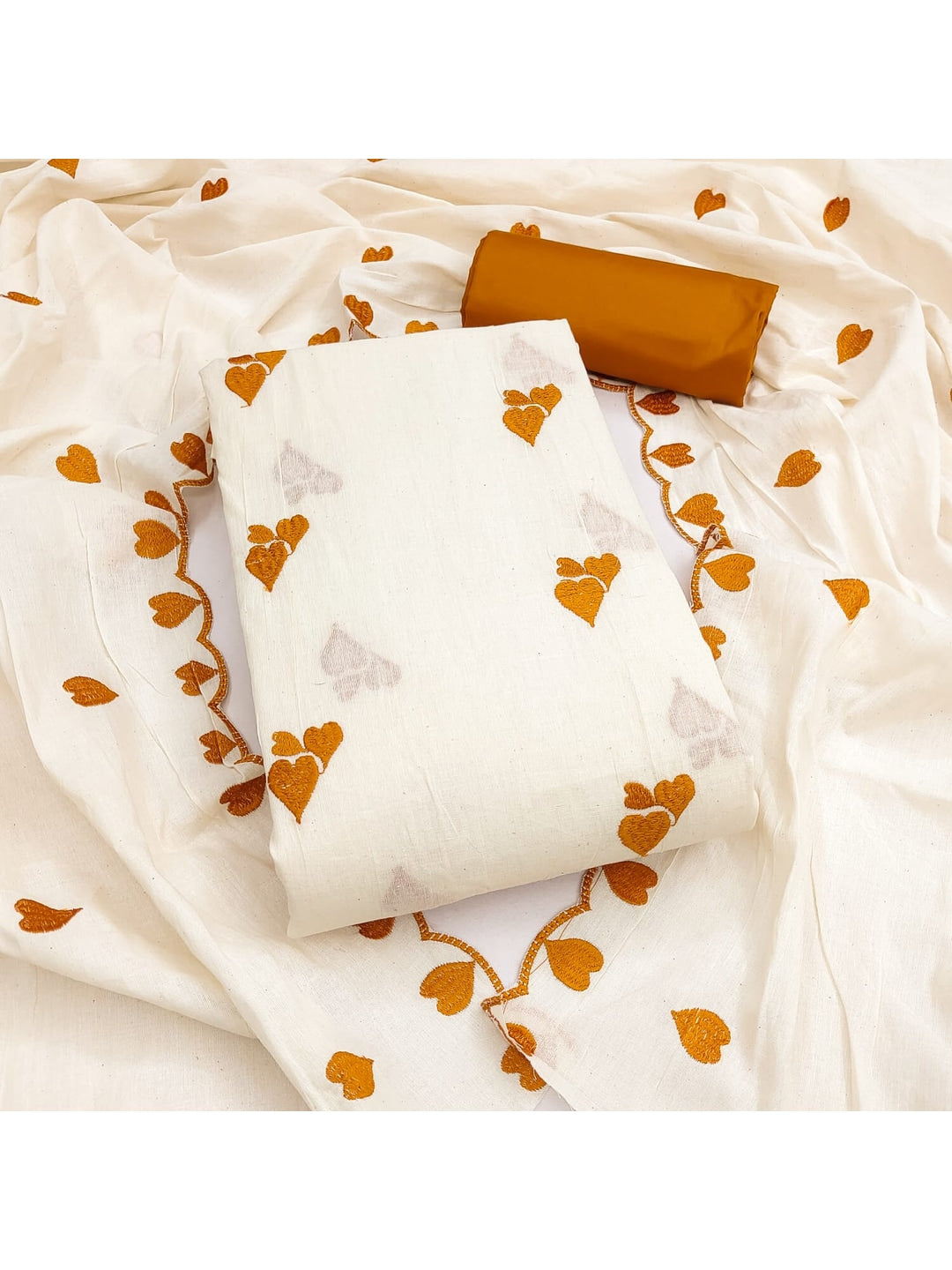 Peachmode Mustard Embroidered Cotton Dress Material - Image 1