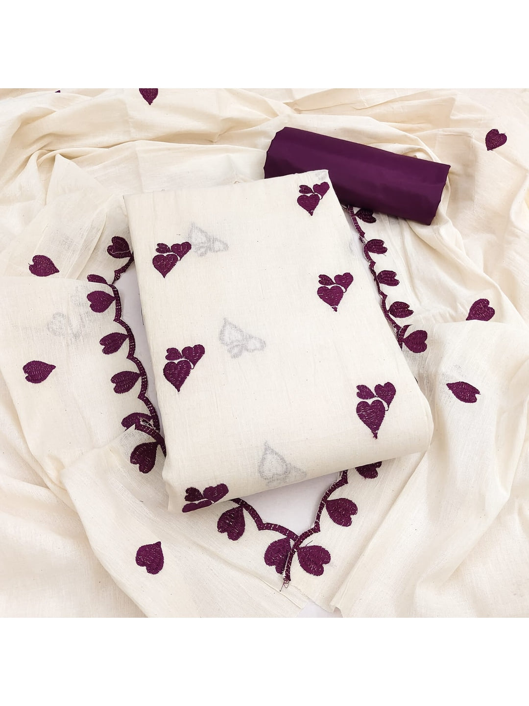 Peachmode Wine Embroidered Cotton Dress Material - Image 1
