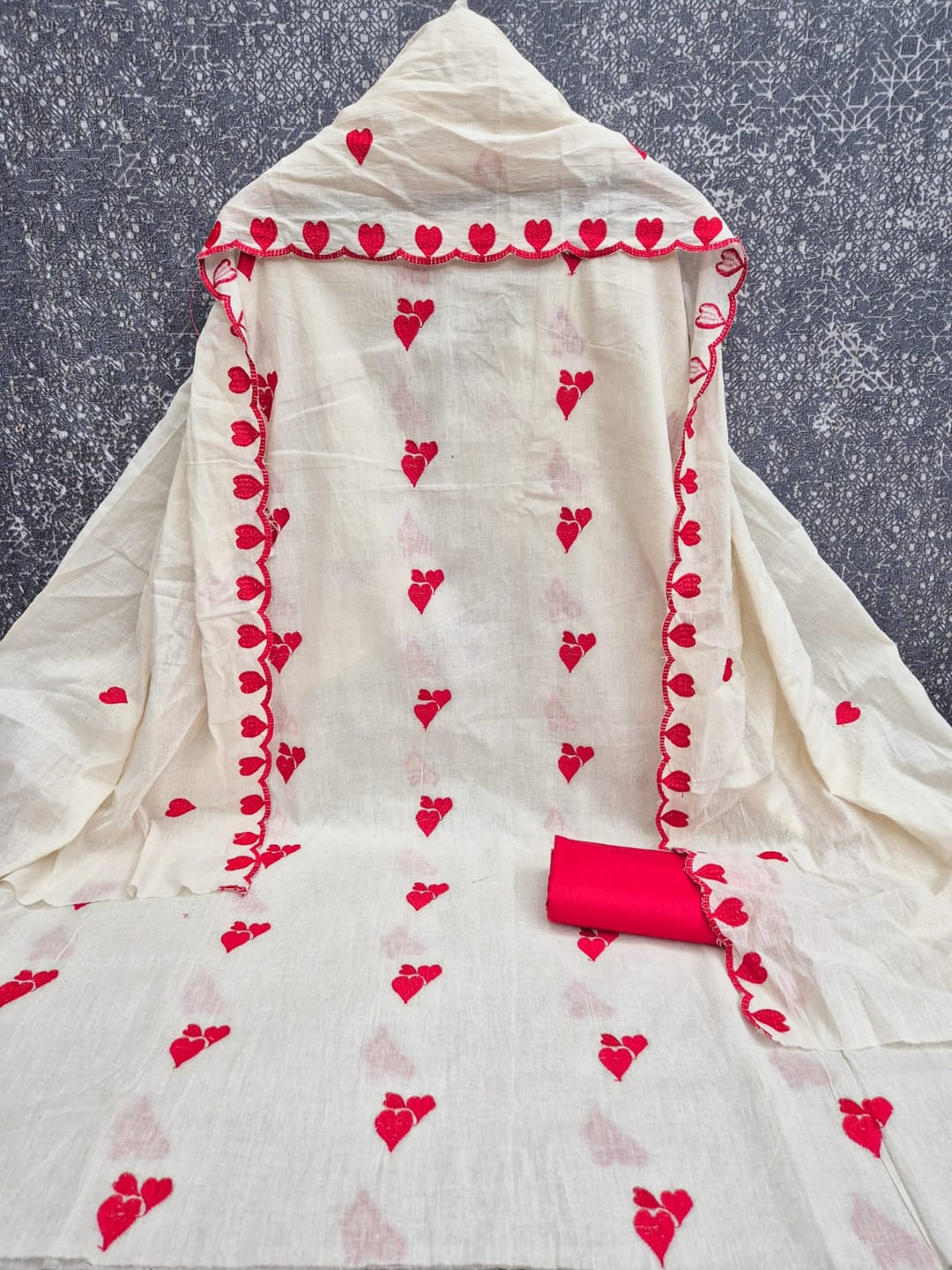 Peachmode Red Embroidered Cotton Dress Material - Image 5