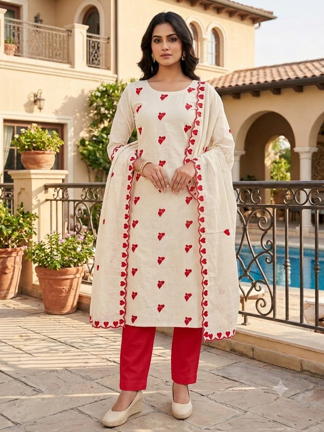 Peachmode Red Embroidered Cotton Dress Material - Image 3