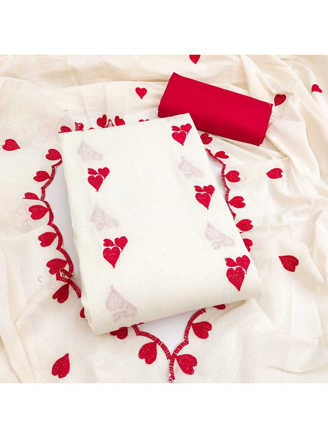 Peachmode Red Embroidered Cotton Dress Material - Image 1