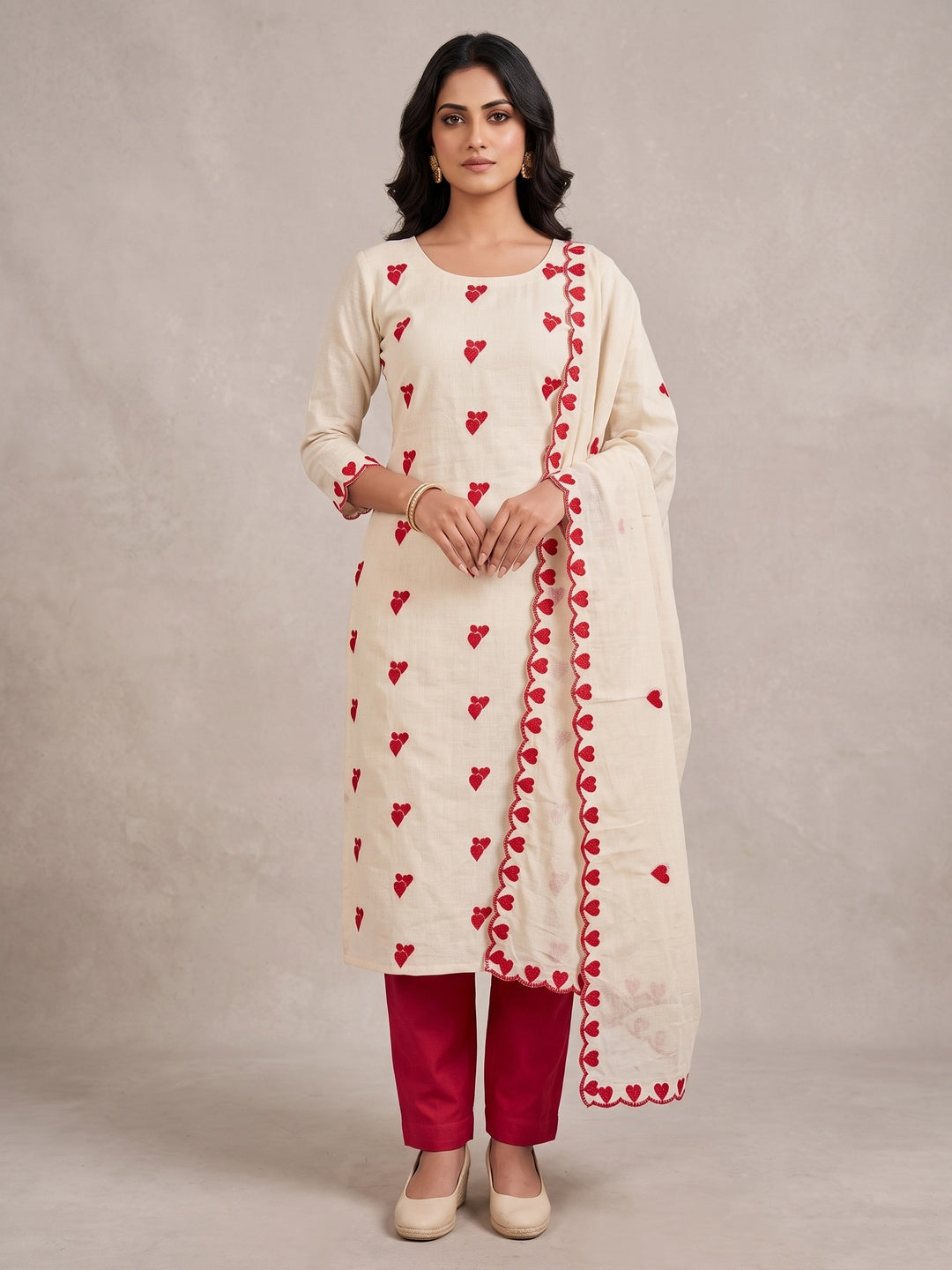 Peachmode Red Embroidered Cotton Dress Material - Image 2