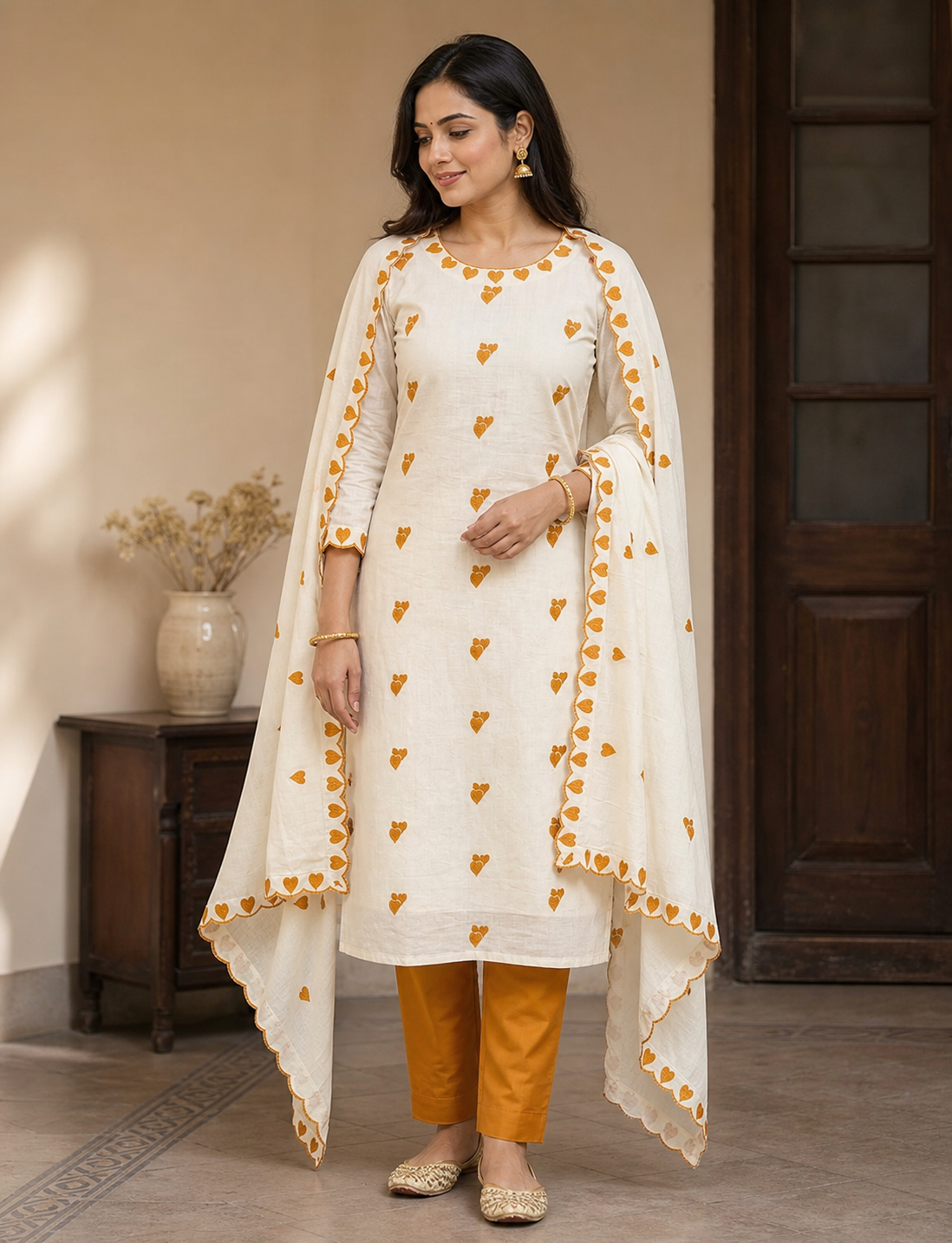 Peachmode Mustard Embroidered Cotton Dress Material - Image 2