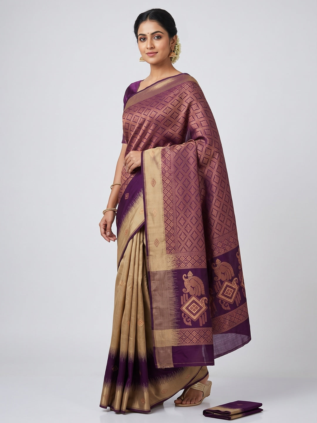 Beige & Purple Classic Tissue Silk Saree with Zari Weaving - Image 1